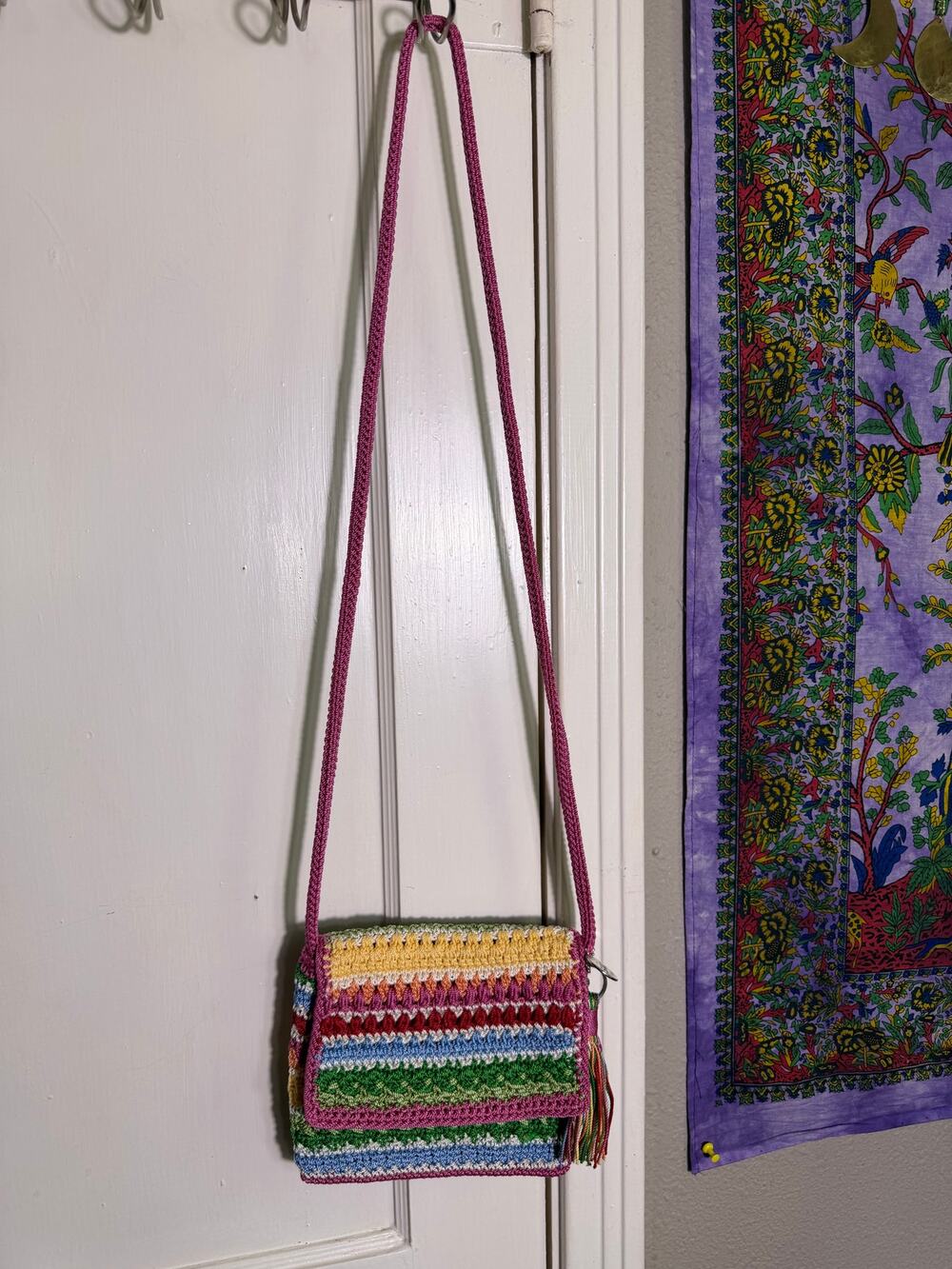 The Sak Crochet Crossbody Bag Multicolor Striped Boho Pink Tassel Small Purse